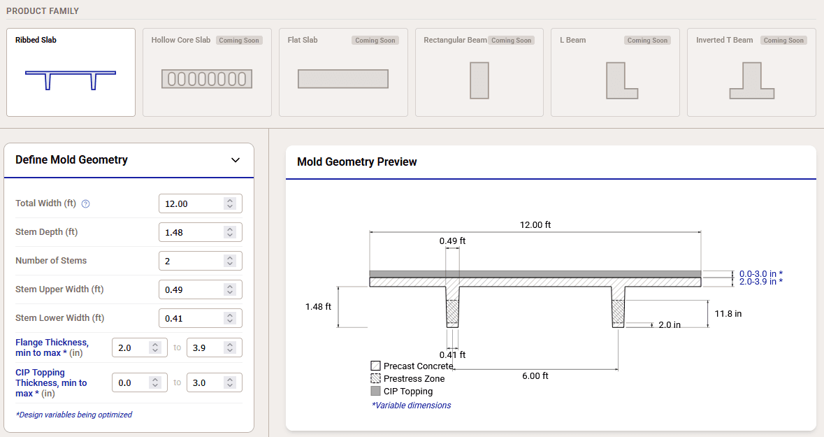 Mold definition interface showing variable geometry parameters