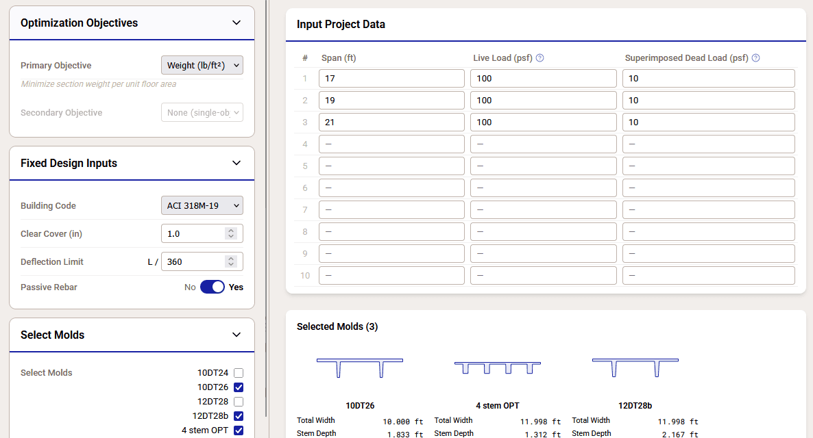 Project data screen showing spans, loads, and objectives