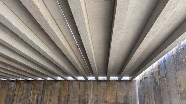 Underside of the installed multi-ribbed prestressed floor slabs