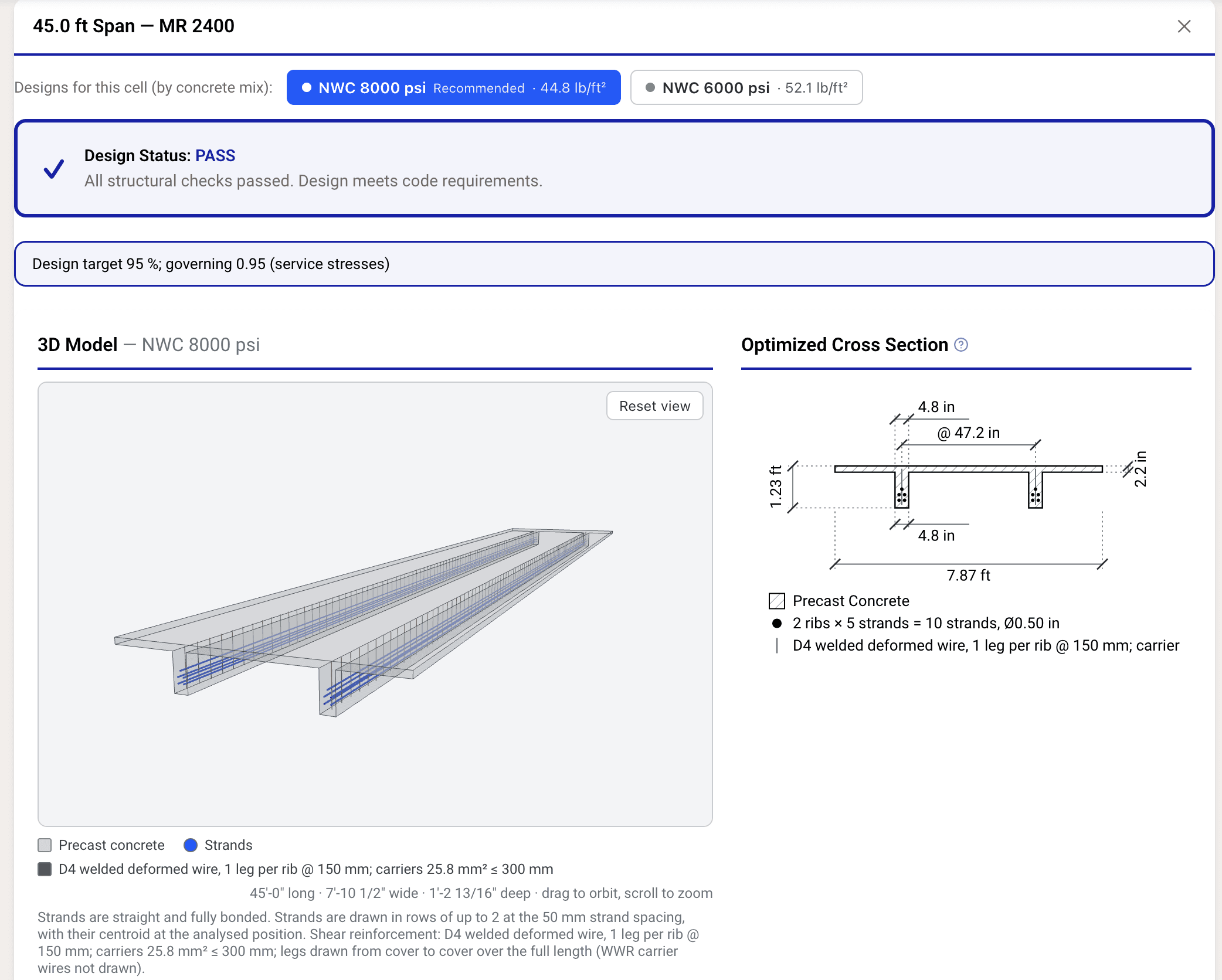 Cimbra results for a multi-rib plank on a 45 ft span: design status pass, concrete mix options, 3D model with strands, and the optimized cross section